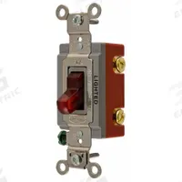 HUBBELL Wall Switch: Toggle Switch, Single Pole, Maintained, Red, 120/277V AC, 20 A (MPN HBL1221ILR). Key specifications — Illuminated: Yes; Voltage Rating: 120/277V AC.