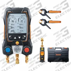 TESTO Manifold Gauge Set: 2 Valves, 3 Hoses, Series 550s, measureQuick/testo Smart (MPN 0564 5504 01). Key specifications — Product Type: Digital Wireless Manifold Gauge Set; For Refrigerant Type: R-744; Brand: TESTO; Includes: Carrying Case; Gauge Boots: Yes; Sight Glass: Yes.