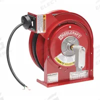 REELCRAFT Extension Cord Reel: Ratchet Lock, 45 ft Cord Lg, 12 AWG, SJEOOW, Bare Wire Cord Lg, Red (MPN L 4545 123 X). Key specifications — Retractable Cord Ending NEMA Configuration: Bare Wire; Brand: REELCRAFT.