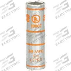 3M Open Barrel Splices: 3/0 AWG Wire Size, Orange Code, 2.13 in, Copper Barrel, 50 Die (MPN 10007). Key specifications — Die Code: 50; Brand: 3M; Color Code: Orange.