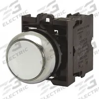 EATON Illuminated Push Button: Illuminated, Flush Profile, Non-Metallic, 22 mm, 1NO (MPN M22-DRL-W-K10-230W). Key specifications — Brand: EATON; Action: Maintained; Series: M22; Push Button Material Type: Non-Metallic.