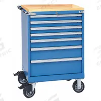 LISTA Modular Drawer Cabinet: 28 1/4 in x 22 1/2 in x 43 1/4 in, 7 Drawers, Tubular, Casters, Blue (MPN ST07-0701B-MBKABB). Key specifications — Cabinet Color: Bright Blue; Frame Assembled: Assembled; Base Type: Casters; Drawer Inside Height: (4) 2 in; Drawer HxWxD: (4) 2 in x 24 in x 18 in; Work Surface Material: Butcher Block; Drawer Handle Type: Tubular; Cabinet Material: Steel.