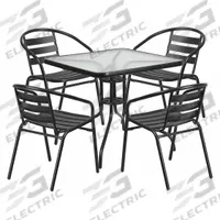 FLASH FURNITURE Square Patio Table Set: Clear, Metal Chair Back, 31 1/2 in Table Wd, Glass, 4 Chairs (MPN TLH-0732SQ-017CBK4-GG). Key specifications — Chair Seat Material: Metal; Includes Umbrella Hole: No; Table Frame Material: Metal; Brand: FLASH FURNITURE; Chair Back Material: Metal; Chair Finish: Powder Coated; Chair Frame Color: Black; Chair Frame Material: Metal.
