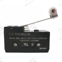 OMRON Snap Action Switch: Hinge Roller Lever Actuator, 3NO/3NC, Solder (MPN DZ-10GW2-1A). Key specifications — AC Contact Rating: 2 A @ 480 V; Electrical Connection: Solder; Series: DZ; Brand: OMRON.