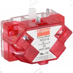 DAYTON Contact Block: 30 mm Panel Mounting Size, 1NC, Momentary, Universal Series, Screw Terminals (MPN 30G318). Key specifications — Switch Action: Momentary; Terminal Connection Type: Screw Terminals; Brand: DAYTON; Compatible with Series: Universal.