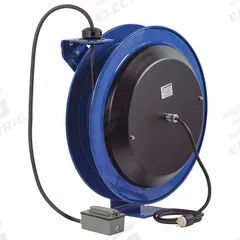 COXREELS Extension Cord Reel: Ratchet Lock, 100 ft Cord Lg, 12 AWG, SJO, 5-20R Cord Lg, 5-20P, Blue (MPN PC24-0012-F). Key specifications — Retractable Cord Ending NEMA Configuration: 5-20R; Feeder Cord Ending NEMA Configuration: 5-20P; Brand: COXREELS.