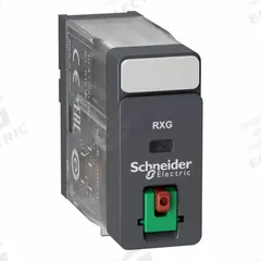 SCHNEIDER Relay: Socket Mounted, 10 A Current Rating, 230V AC, SPDT, 5 Pins/Terminals, H Socket (MPN RXG11P7). Key specifications — Brand: SCHNEIDER; Base Type: Square; Mounting Style: Plug-In; Pin Shape: Flat; Electrical Connection: Quick-Connect; Manufacturer Part Number: RXG11P7; Series: Harmony™ RXG Series.