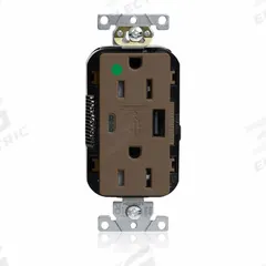 USB Receptacle: Decorator Duplex, 5-15R, 2 USB Ports, USB Type A/C, Brown, 125V AC, 15 A (MPN M56AC-HG). Key specifications — Brand: LEVITON.