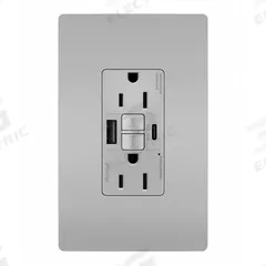 USB Receptacle: Duplex, 5-15R, 2 USB Ports, USB Type A/C, Gray, 125V AC, 15 A, GFCI (MPN 1597TRUSBACGRY). Key specifications — Brand: LEGRAND.