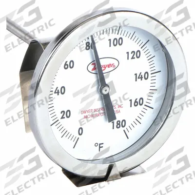 Dwyer Clip On Dial Thermometer: 0°F to 180°F, +/- 2% Accuracy, 5 in Stem Lg - General Purpose Vat & Pan Clip-On Dial Thermometers