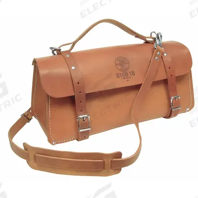KLEIN TOOLS Tool Bag: 18 in W x 8 in D x 8 in H, Brown, Leather, 0 Pockets - Leather Wide-Mouth Tool Bags