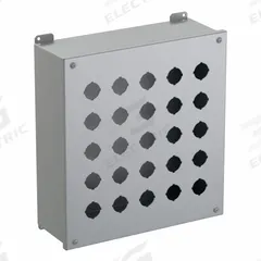 HAMMOND Push Button Enclosure: 30mm, 25 Holes, Carbon Steel, NEMA 12/13 (MPN 1437X). Key specifications — attr211299: HAMMOND; attr1043605: Indoor Dust & Water Droplets.