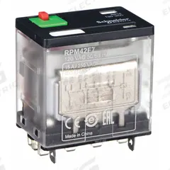 SCHNEIDER General Purpose Relay: Socket Mounted, 15 A Current Rating, 120V AC, 4PDT, F Socket (MPN RPM42F7). Key specifications — Brand: SCHNEIDER; Base Type: Square; Mounting Style: Plug-In; Pin Shape: Flat; Electrical Connection: Quick-Connect; Manufacturer Part Number: RPM42F7; Series: Harmony™ RPM Series.
