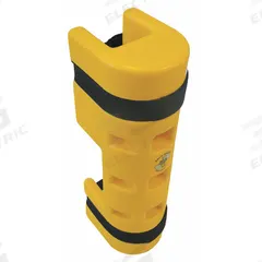 RACK SENTRY Pallet Rack Guard: Strap-On, On Upright, 3 in x 5 1/4 in x 18 in, Thermoplastic, Yellow (MPN RS75CO). Key specifications — Brand: RACK SENTRY; Mounting Location: On Upright; Includes: Beam Cutout; Color: Yellow; Material: Thermoplastic.