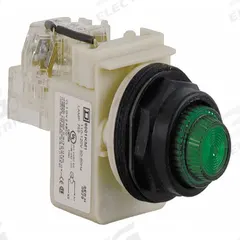 SCHNEIDER ELECTRIC Pilot Light: 30 mm Panel Mounting Size, Green, Incandescent, 9001SK Series (MPN 9001SKT1G31). Key specifications — Series: 9001SK; Brand: SCHNEIDER; Includes Push-To-Test: Push-To-Test Included.