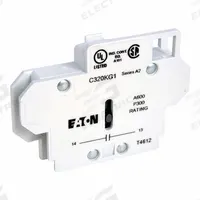 EATON Auxiliary Contact: 1NO, 10 A Max Current (AC), Side Mount, Side-Mounted, C320KG1. Key specifications — Brand: EATON; Compatible with Series: B27 Definite Purpose Starters.