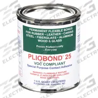 PLIOBOND Contact Cement: 25, Gen Purpose, 1 qt, Can, Tan, Water-Resistant (MPN PC-325-LV). Key specifications — Primary Applications: General Purpose; Adhesive Color: Tan; Application Method: Brush On; Heat Resistant: Yes; Low Odor: No; Water Resistance: Water-Resistant; Standards: MMM-A-189 Type 2; VOC Content Weight: 244 g/L.