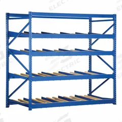 VESTIL Gravity Flow Rack: Starter, 96 in x 48 in, 84 in Overall Ht, Tilted, 4 Shelves, 14 ga Shelves (MPN FLOW-4-4). Key specifications — Color: Blue; Shelving Angle: Tilted; Method of Construction: Bolt-Together; Brand: VESTIL.