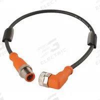 Cordset: M12 Male Right Angle X M12 Female Straight, 5 Pins, Black, PUR, 1 ft Cable Lg (MPN EVC015). Key specifications — Cable Jacket Color: Black; End 1 Gender: Male; End 1 Mounting Orientation: Right Angle; End 2 Gender: Female; End 2 Mounting Orientation: Straight; End 2 Connection Type: M12; IP Rating: IP68; Brand: IFM.