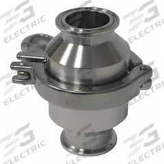 VNE Spring Check Valve: Poppet, Inline Valve Body, 2 1/2 in Pipe Size, Clamp x Clamp, Clamp, Clamp (MPN 45C-62.5-E). Key specifications — Average Surface Roughness (Ra): 32 micron-in; Brand: VNE; 3-A Compliance: Meets 3A Sanitary Standards.