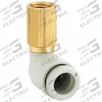 SMC Push-Fit Elbow Fitting: 4 mm OD x 5 mm Pipe Size, Push-to-Connect x Metric, Brass, White (MPN KQ2LF04-M5A). Key specifications — Brand: SMC; Thread Size A: M5x.08.