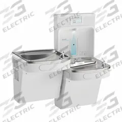 ELKAY Bi-Level Drinking Fountain with Bottle Filler: On-Wall, 8 gph @ 50°F, Stainless Steel, White (MPN LZSTL8WSAP-PF). Key specifications — Brand: ELKAY; Housing Material: Stainless Steel; Filter Access: Bottom Panel Access; Housing Finish: Arctic White; Chilling Capacity: 8 gph @ 50°F; Housing Color: White.
