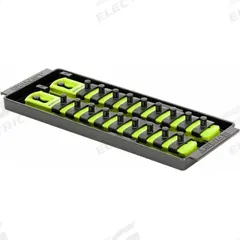 ERNST MANUFACTURING Socket Organizer: Yellow, 3 5/8 in Overall Wd, 18 Posts/Slots, Sockets (MPN 8561HV). Key specifications — attr1125333: (192) I.D. Stickers; attr1125346: ERNST MANUFACTURING; attr1125347: Yellow; attr1136588: Sockets; attr1125364: Socket Bit Tray.