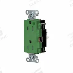 HUBBELL Receptacle: Hospital Grade, Decorator Duplex, 5-15R, Green, 125V AC, 15 A, 2 Pole / 3 Wire (MPN HBL2172STGNTR)