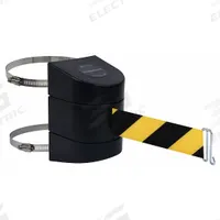 TENSABARRIER Retractable Belt Barrier: Hose Clamp Mounting Plate/Wire Clip, 15 ft Belt Lg, Pattern (MPN 897-15-C-33-NO-D4X-A). Key specifications — Frame Color: Black; Brand: TENSABARRIER; Belt Color: Black/Yellow.