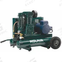 ROLAIR Portable Air Compressor: Quiet, Splash Lubricated, 9 gal, Wheelbarrow, 5 hp, 240V AC, 28 A (MPN 5230K30-0095). Key specifications — attr48686: Splash Lubricated; attr48685: 240V AC; attr48689: 23.10 cfm; attr48678: 28 A; attr48688: Accessory Support Clip; attr48671: ROLAIR; attr124308: Quiet (less than 75 dBA).