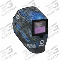 MILLER Welding Helmet: Auto-Darkening, 2 Arc Sensors, Black/Blue/Gray/Red/White/Yellow, Graffiti (MPN 299618). Key specifications — Color: Red; Suspension Adjustment Type: Ratchet; Series: Classic; Graphics: Graffiti; Viewing Area: 6 sq in; Brand: MILLER; Grind Mode: Yes; Helmet Material: Nylon.