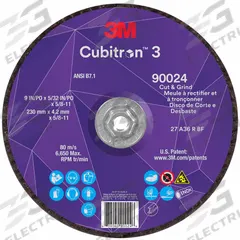 3M CUBITRON 3 Cut-Off and Grinding Wheel: Type 27, 9" x 5/32" x 5/8"-11, Ceramic, 36 Grit (MPN 90024). Key specifications — Brand: 3M CUBITRON 3.