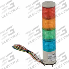 SCHNEIDER Tower Light Assembly: 4 Tier, Blue/Green/Orange/Red, No Sounder Tier, 40 mm Overall Dia (MPN XVC4B4K). Key specifications — Manufacturer Part Number: XVC4B4K; Brand: SCHNEIDER; Operating Voltage: 24V; Light Tier Color: Green.