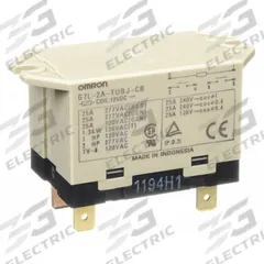 OMRON Enclosed Power Relay: Surface (Top Flange) Mounted, 25 A Current Rating, 12V DC, DPST-NO (MPN G7L-2A-TUBJ-CB-DC12). Key specifications — Brand: OMRON; Base Type: Square; Mounting Style: Top Flange; Electrical Connection: Quick-Connect; Manufacturer Part Number: G7L-2A-TUBJ-CB-DC12; Operating Current: 25 A; Series: G7L Series.
