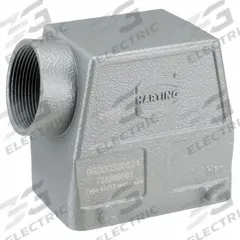 HARTING Rectangular Connector Hood: Size 32 A, Side, Single-Entry, PG29 Cable Entry, IP65, Aluminum (MPN 09200320521). Key specifications — IP Rating: IP65; Size Designation: 32 A; Cable Entry Thread Size: PG29; Locking Type: Dual Lever; Brand: HARTING; Primary Material: Aluminum; Operating Temperature Range: -40 to 125 Degrees C; Entry Type: Single-Entry.