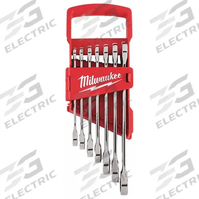 MILWAUKEE Ratcheting Combination Wrench Set: Alloy Steel, Chrome, 7 Tools, Std - SAE 12-Point Ratcheting Combination Wrench Sets