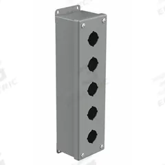 HOFFMAN Push Button Enclosure: 30mm, 5 Holes, Carbon Steel, NEMA 12 (MPN E5PB). Key specifications — attr211299: HOFFMAN; attr1043605: Indoor Dust & Water Droplets.