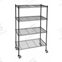 APPROVED VENDOR Wire Shelving Unit: 48 in x 18 in x 68 in, Dry, Split Sleeve, 4 Shelves, Black (MPN 3TPD4). Key specifications — attr15738: Black; attr14157: Powder Coated; attr14150: Dry; attr14159: Round; attr5304: 4; attr14155: (2) Swivel; attr14158: Steel; attr14156: Polymer.