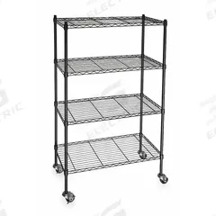 APPROVED VENDOR Wire Shelving Unit: 48 in x 18 in x 68 in, Dry, Split Sleeve, 4 Shelves, Black (MPN 3TPD4). Key specifications — attr15738: Black; attr14157: Powder Coated; attr14150: Dry; attr14159: Round; attr5304: 4; attr14155: (2) Swivel; attr14158: Steel; attr14156: Polymer.