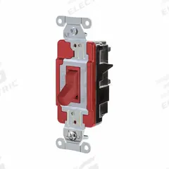 HUBBELL Wall Switch: Toggle Switch, Single Pole, Maintained, Red, 120/277V AC, 20 A (MPN HBL1221STR). Key specifications — Illuminated: No; Voltage Rating: 120/277V AC.