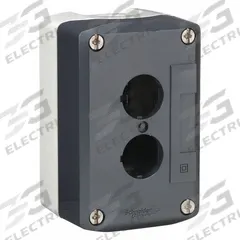 SCHNEIDER ELECTRIC Push Button Enclosure: 22mm, 2 Holes, Non-Metallic, NEMA 13/4X (MPN XALD02H7). Key specifications — Brand: SCHNEIDER; Environments & Applications: Oil-Tight and Dust-Tight.