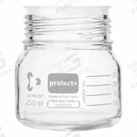 DURAN Narrow Mouth Round Glass Bottles - Safety Coated: 250 mL, 80 mm, Colorless, 10 Bottles (MPN 218653685). Key specifications — Brand: DURAN; Graduated: Yes; Pre-Cleaned: None; Body Color: Colorless; Screw Closure Size: 80 mm.
