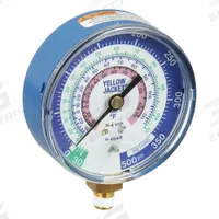 YELLOW JACKET Test Gauge: Test Gauge, 800 psi, Non-Liquid Filled, 3 1/8 in Dia, 1/4 in, Blue (MPN 49118). Key specifications — Brand: YELLOW JACKET; Accuracy: ± 1%; Color: Blue; For Refrigerant Type: R-410A.