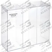 Protection Dispenser: Wall, 18 3/4 in x 5 3/4 in x 17 5/32 in, PETG, Clear (MPN BK213-0111). Key specifications — Dispensing Method: Hinged Top; Mounting Location: Wall; Material: PETG; Products Dispensed: Bouffants (Bulk); Dispenser Features: Dust Reducing Flanged; Dispenser Layout: 3 Compartments; Dispenser Style: Tray; Brand: BOWMAN DISPENSERS.