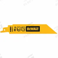 DEWALT Reciprocating Saw Blade: 14 Teeth per Inch, 6 in Blade Lg, 1 in Blade Thick, Bi-Metal, 5 PK (MPN DWAR6114). Key specifications — attr1109198: 14; attr1109200: Rigid for Straight Cuts; attr1109201: Straight; attr1109209: DEWALT.