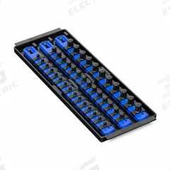 ERNST MANUFACTURING Socket Organizer: Blue, 5 5/16 in Overall Wd, 40 Posts/Slots, Sockets (MPN 8491). Key specifications — attr1125333: (40) Socket Clips; attr1125346: ERNST MANUFACTURING; attr1125347: Blue; attr1136588: Sockets; attr1125364: Socket Bit Tray.