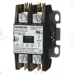 SIEMENS Definite Purpose Magnetic Contactor: 1 + N Poles, 277V AC, 40 A, Non-Reversing (MPN 45GG10ALA). Key specifications — Brand: SIEMENS; Coil Voltage: 240/277V AC; Contactor Style: HVACR Definite Purpose Contactor; Mounting Style: Surface; Terminal Connection Type: Screw Terminals; Maximum Voltage Rating: 600V AC; Series: 42 Series; Phase: Three.