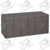 DURHAM MFG Drawer Bin Cabinet: 33 3/4 in x 17 3/4 in x 17 in, 24 Drawers, Stackable, Steel, Gray (MPN 033-95). Key specifications — Cabinet Material: Steel; Includes Dividers: Yes; Cabinet Finish: Powder Coated; Drawer Color: Gray; Cabinet Style: Drawer; Assembled: Assembled; Drawer Inside WxDxH: (24) 5-7/16 in x 17-1/8 in x 3-3/4 in; Cabinet Color: Gray.