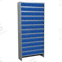 AKRO-MILS Enclosed Bin Shelving: 36 in x 12 in x 79 in, 1 Usable Sides, 13 Shelves, 72 Bins, Blue (MPN ASC1279162BLU). Key specifications — Bin HxWxD: (72) 4-5/8 in x 5-9/16 in x 11-5/8 in; Frame Material: Steel; Frame Color: Gray; Bin Color: Blue; Brand: AKRO-MILS.
