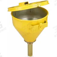 JUSTRITE Self Closing Funnel: Self Closing, Yellow / Yellow, 6 in, 10 3/4 in x 16 in (MPN 08227). Key specifications — Brand: JUSTRITE; Funnel Material: Galvanized Steel; For Use With: Drums; Color: Yellow; Lid Type: Self Closing; Flame Arrester Ht: 6 in; Lid Type (sublevel): Lidded.